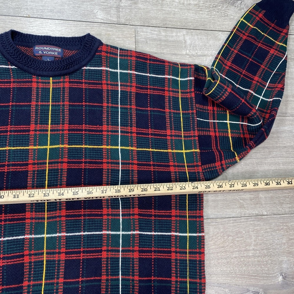 Vintage Roundtree & Yorke Sweater Mens 2XL Navy Plaid Tartan Crewneck Cotton 90s - Picture 3 of 6